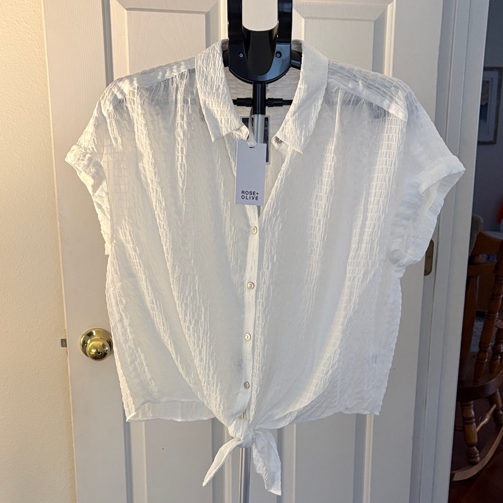 Rose & Olive White Button-Down Blouse (slightly sheer)
